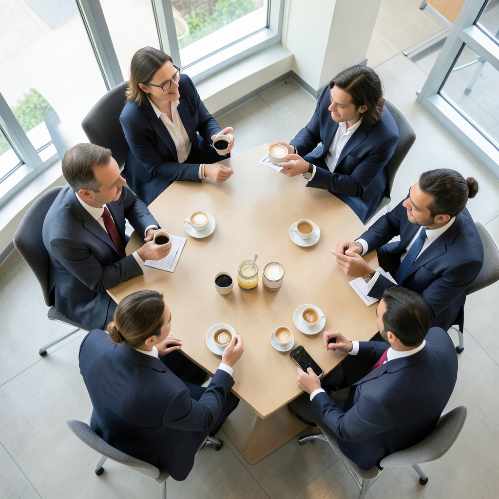 A group of conference participants in professional attire engaged in conversation during a coffee break, with natural light
